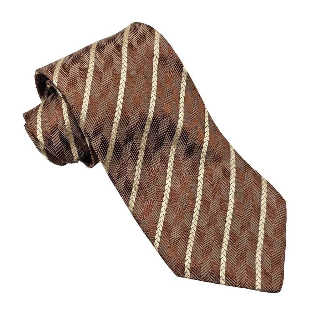 Brioni Textured Silk Tie Brown Tan Chevron Herringbone Striped Hand Made Italy